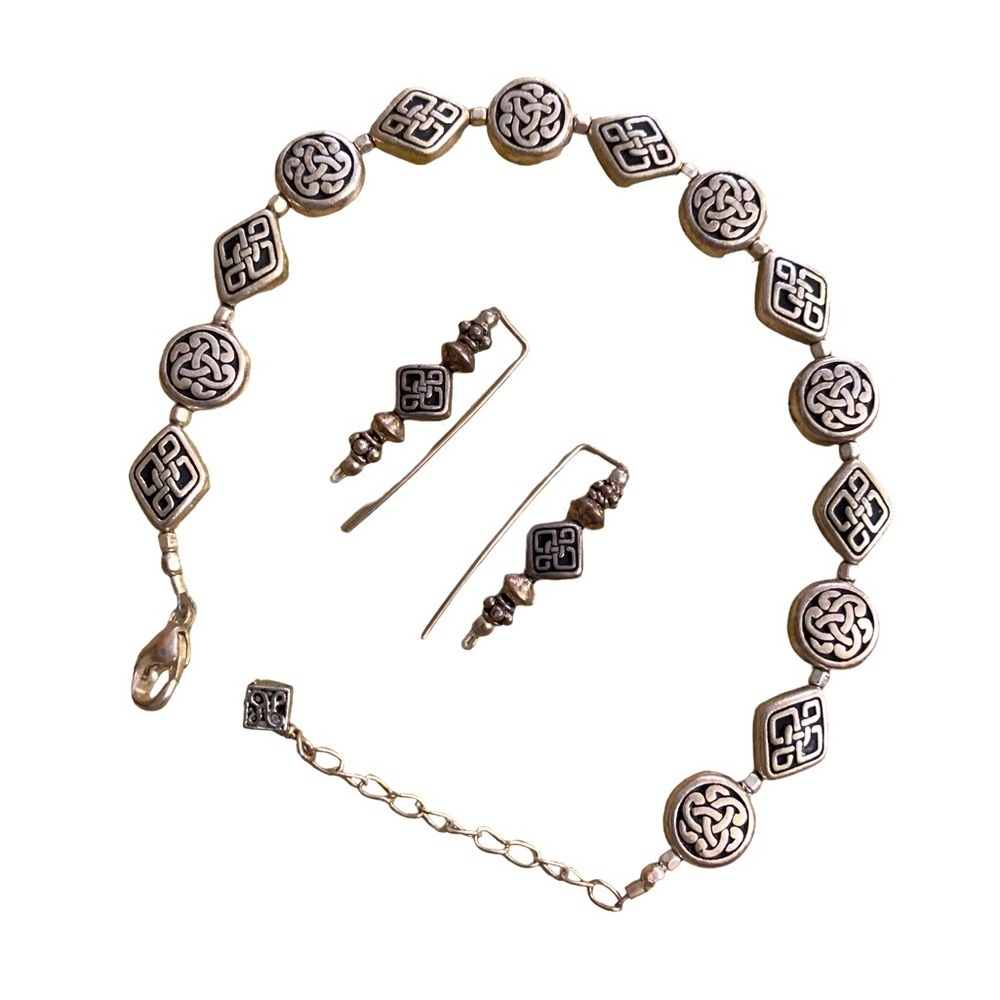 Silver Necklace & Earring Set Tribal Design Shapes